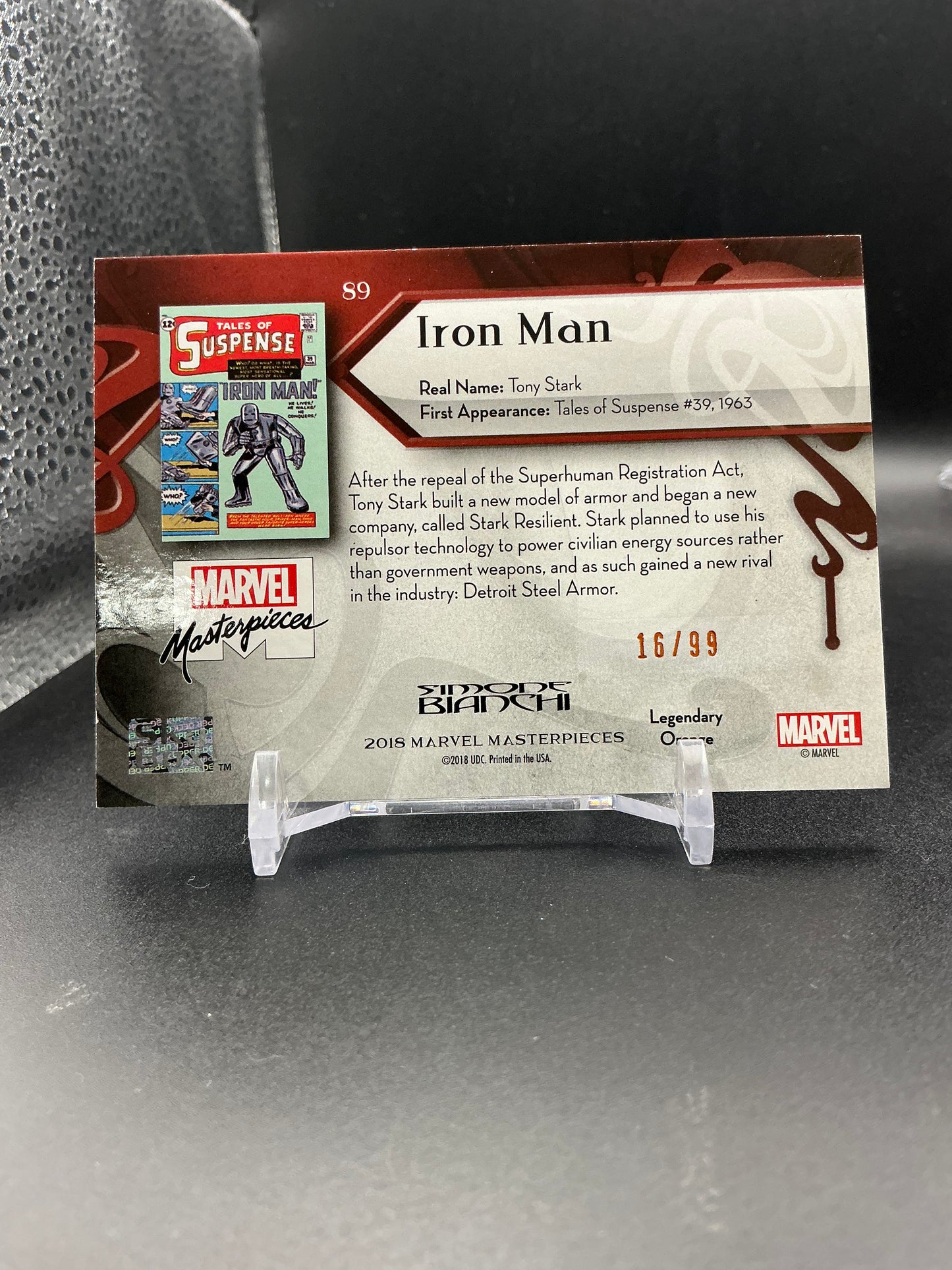 2018 Upper Deck Marvel Masterpieces Level 4 Legendary Orange 16/99 Iron Man