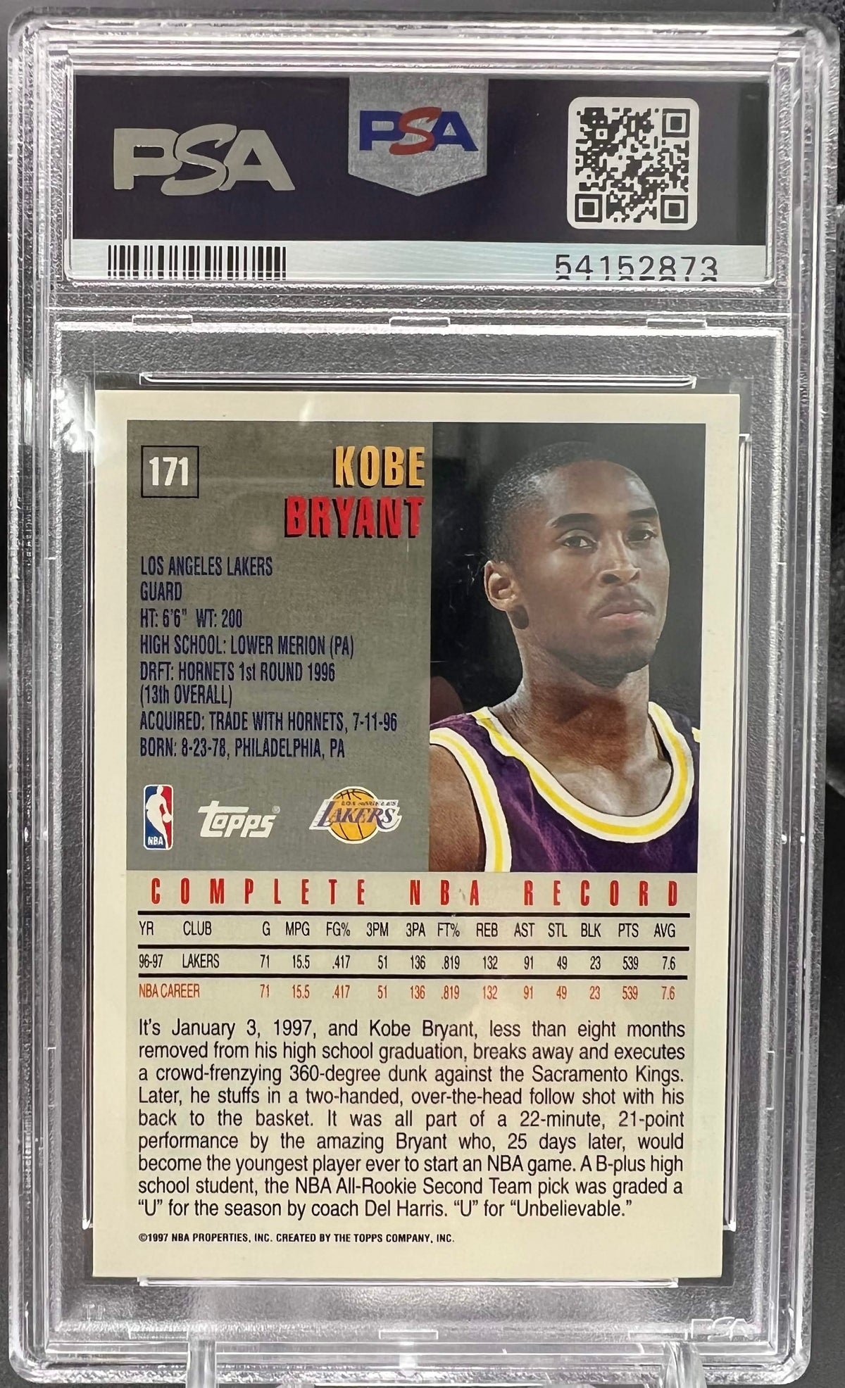 Topps NBA 1997 Kobe Bryant 171 PSA 8