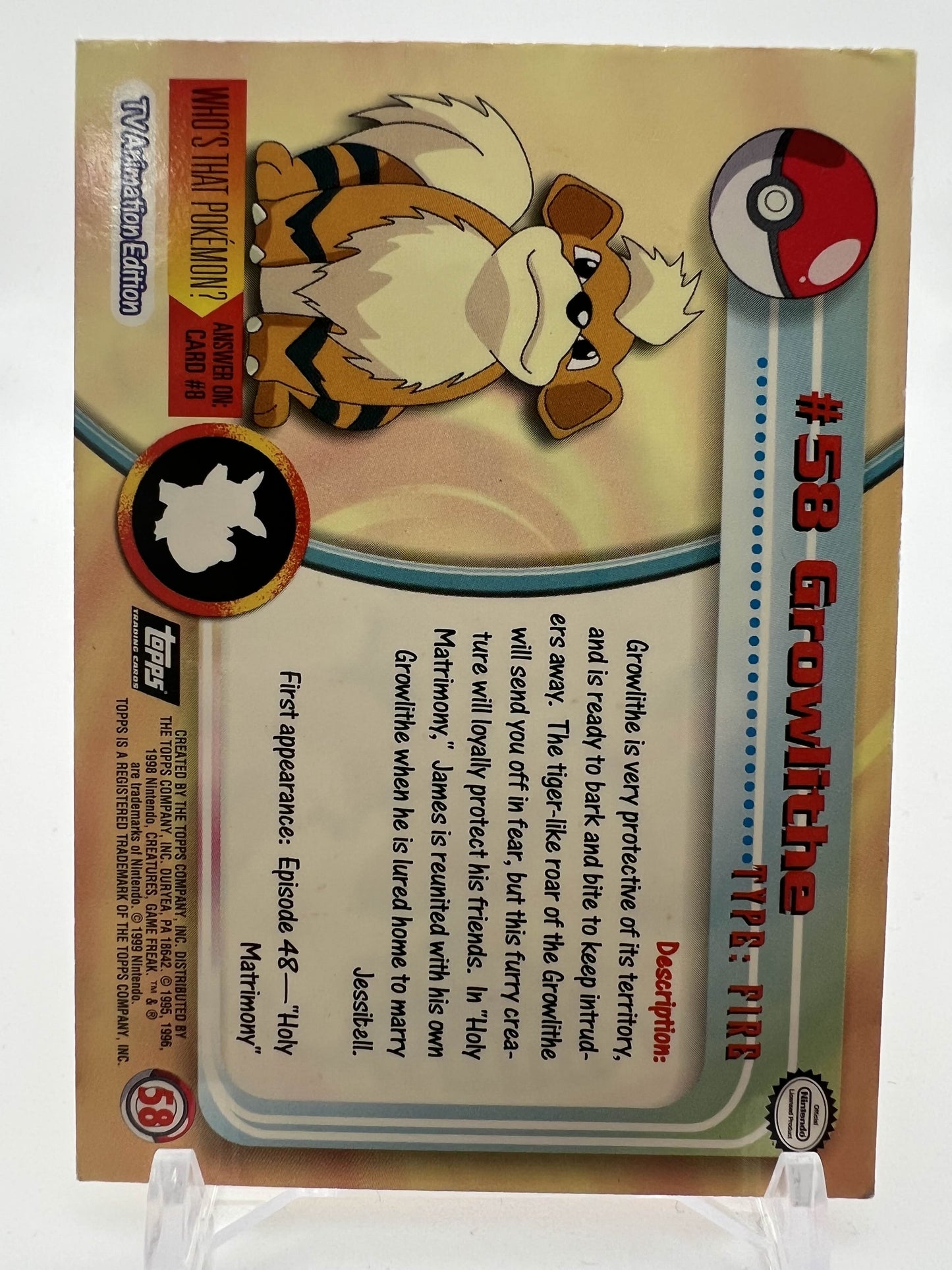 Growlithe #58 Pokemon 1999 Topps TV