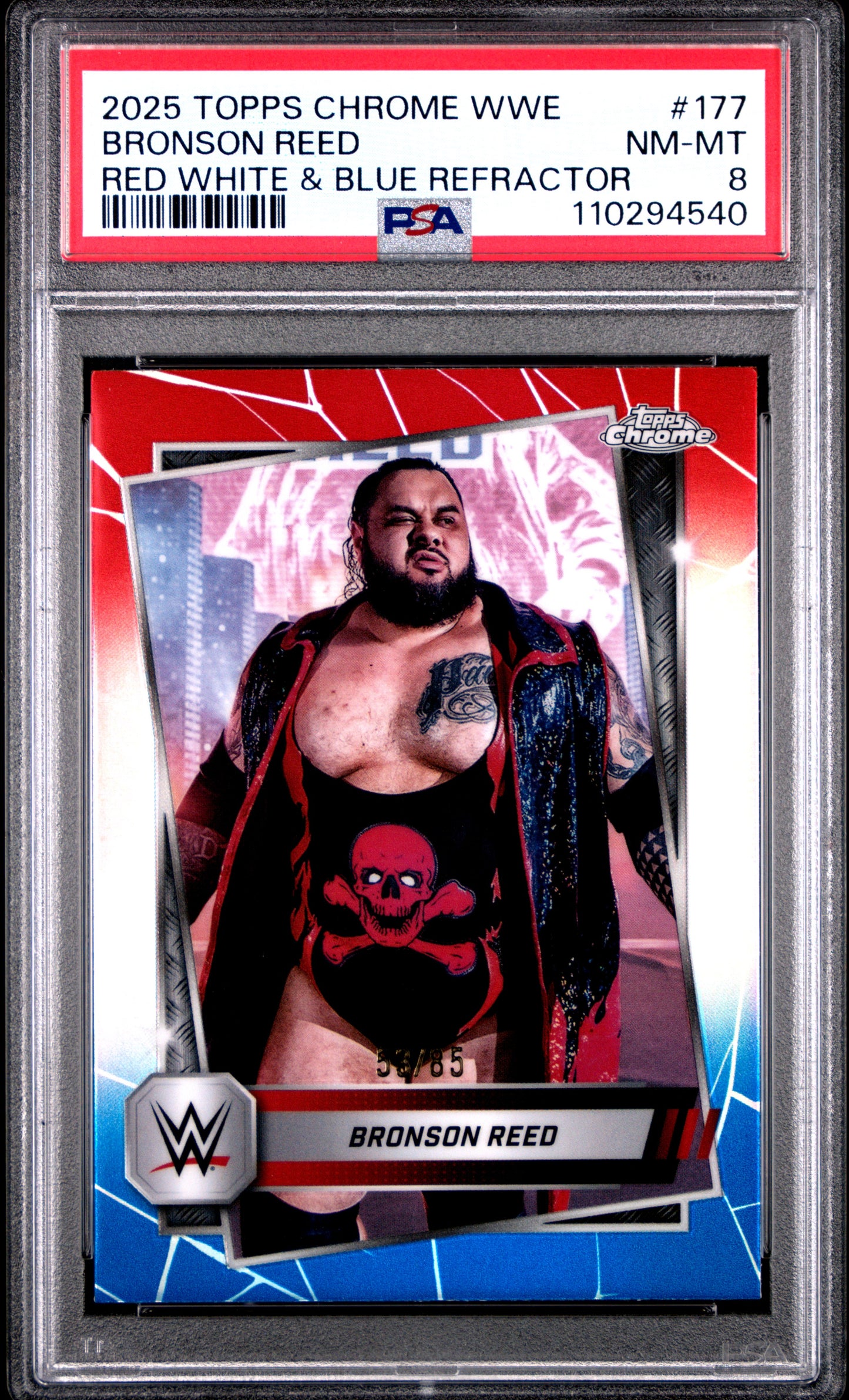 Topps Chrome WWE 2025 Bronson Reed - Red White & Blue Refractor - PSA 8