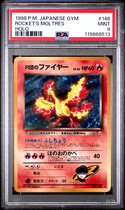 Pokemon JP 1998 Rocket's Moltres Holo Gym PSA 9