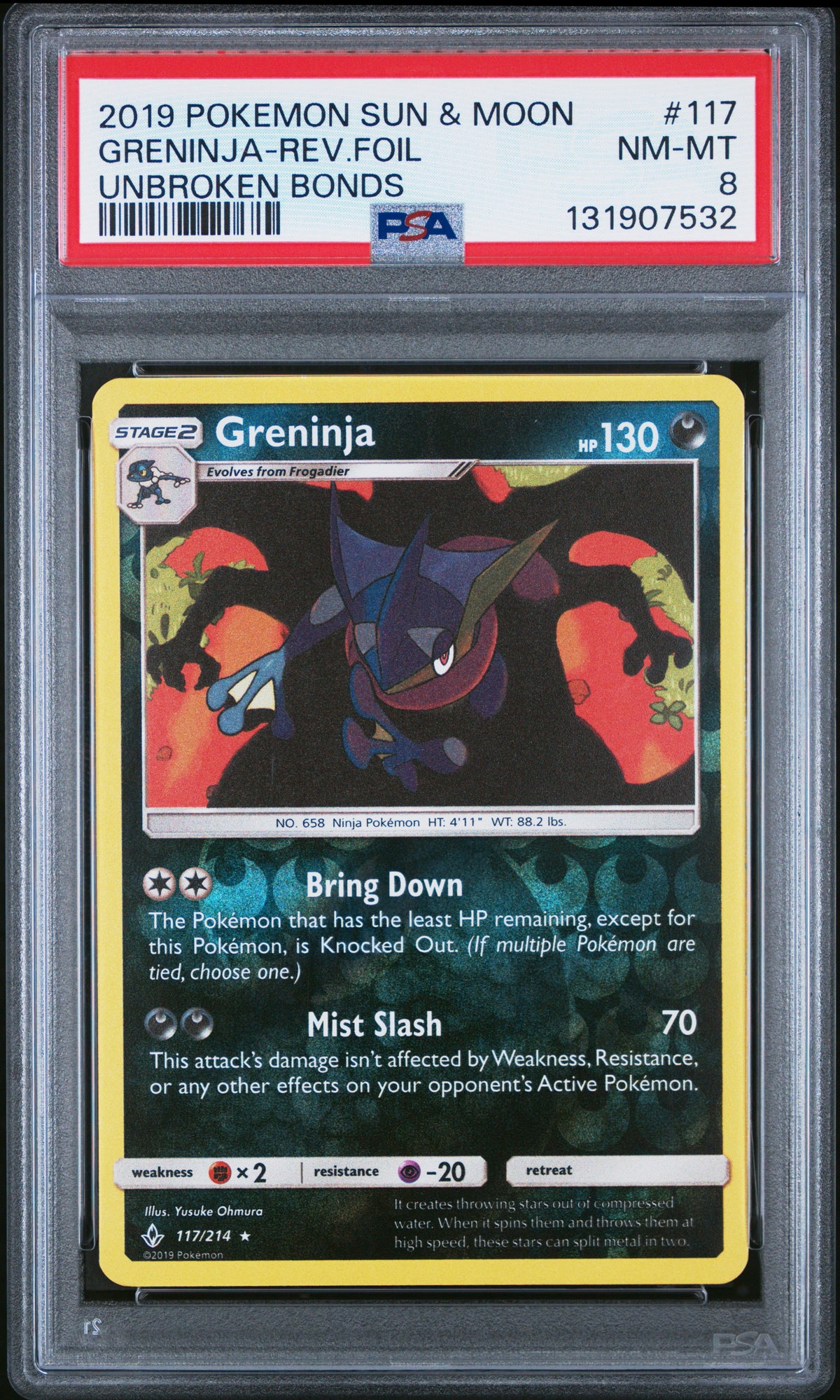 Pokemon 2019 Greninja 117/214 Reverse Foil Unbroken Bonds PSA 8