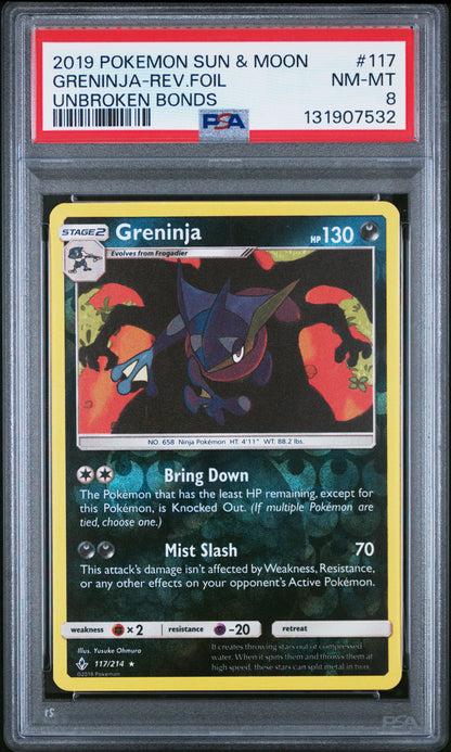 Pokemon 2019 Greninja 117/214 Reverse Foil Unbroken Bonds PSA 8