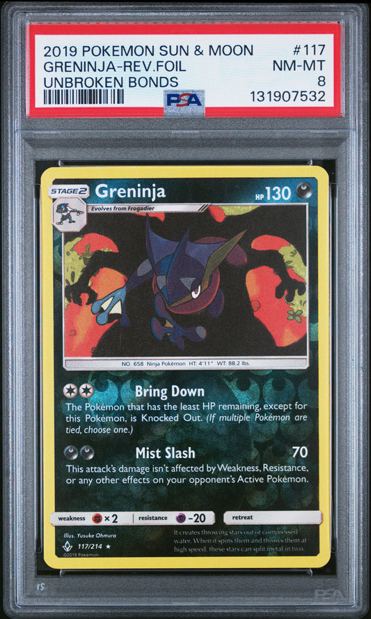 Pokemon 2019 Greninja 117/214 Reverse Foil Unbroken Bonds PSA 8