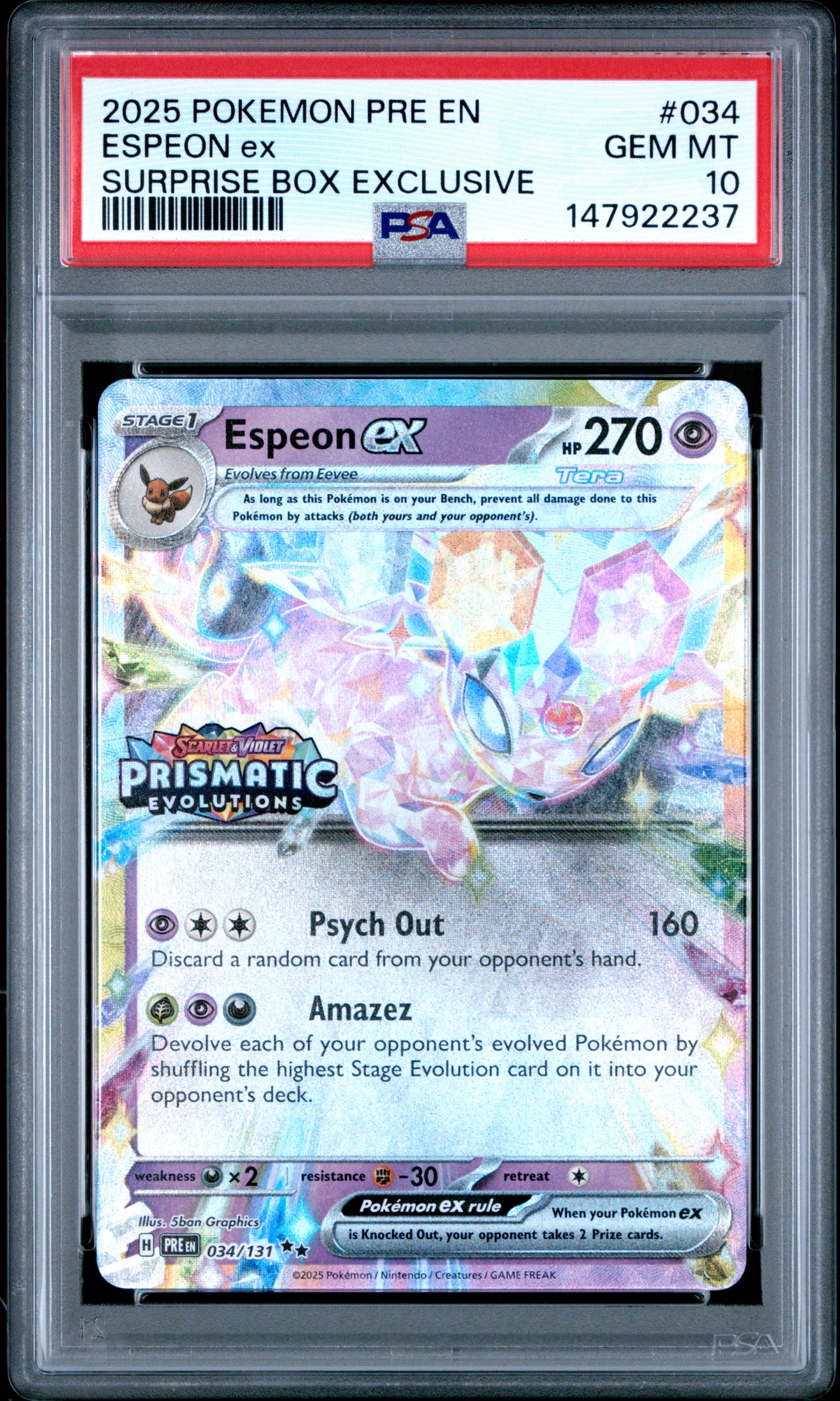 Pokemon 2025 Espeon ex - Prismatic Evolutions Stamped - Surprise Box - PSA 10
