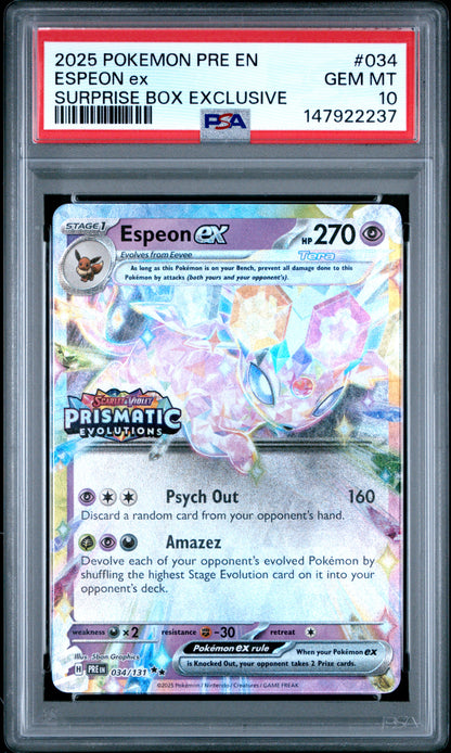 Pokemon 2025 Espeon ex - Prismatic Evolutions Stamped - Surprise Box - PSA 10