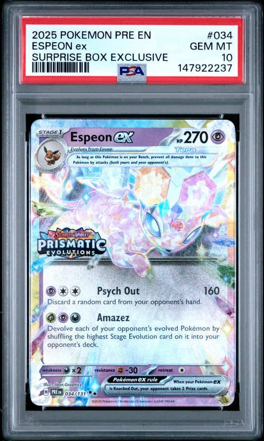 Pokemon 2025 Espeon ex - Prismatic Evolutions Stamped - Surprise Box - PSA 10
