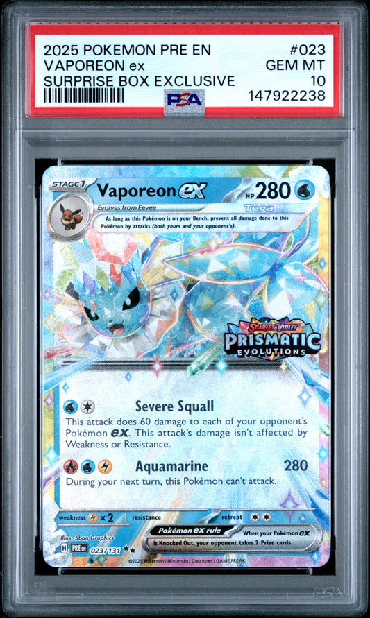 Pokemon 2025 Vaporeon ex - Prismatic Evolutions Stamped - Surprise Box - PSA 10