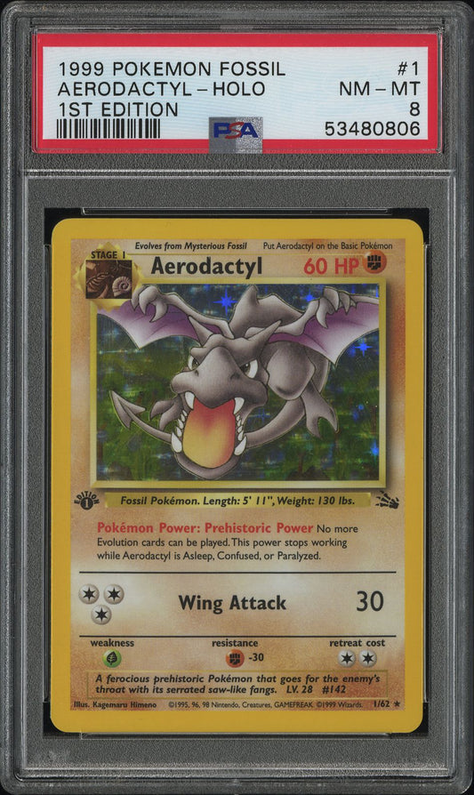 Pokemon 1999 Aerodactyl 1/62 Holo Fossil 1st Edition PSA 8