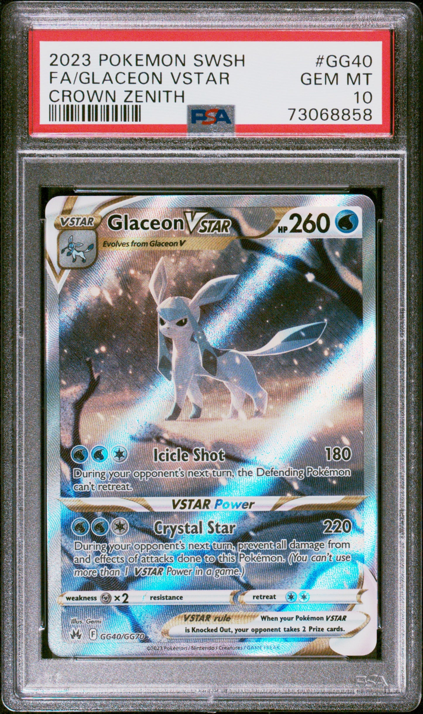 Pokemon 2023 Glaceon VSTAR - SWSH Crown Zenith GG40/GG70 FA - PSA 10