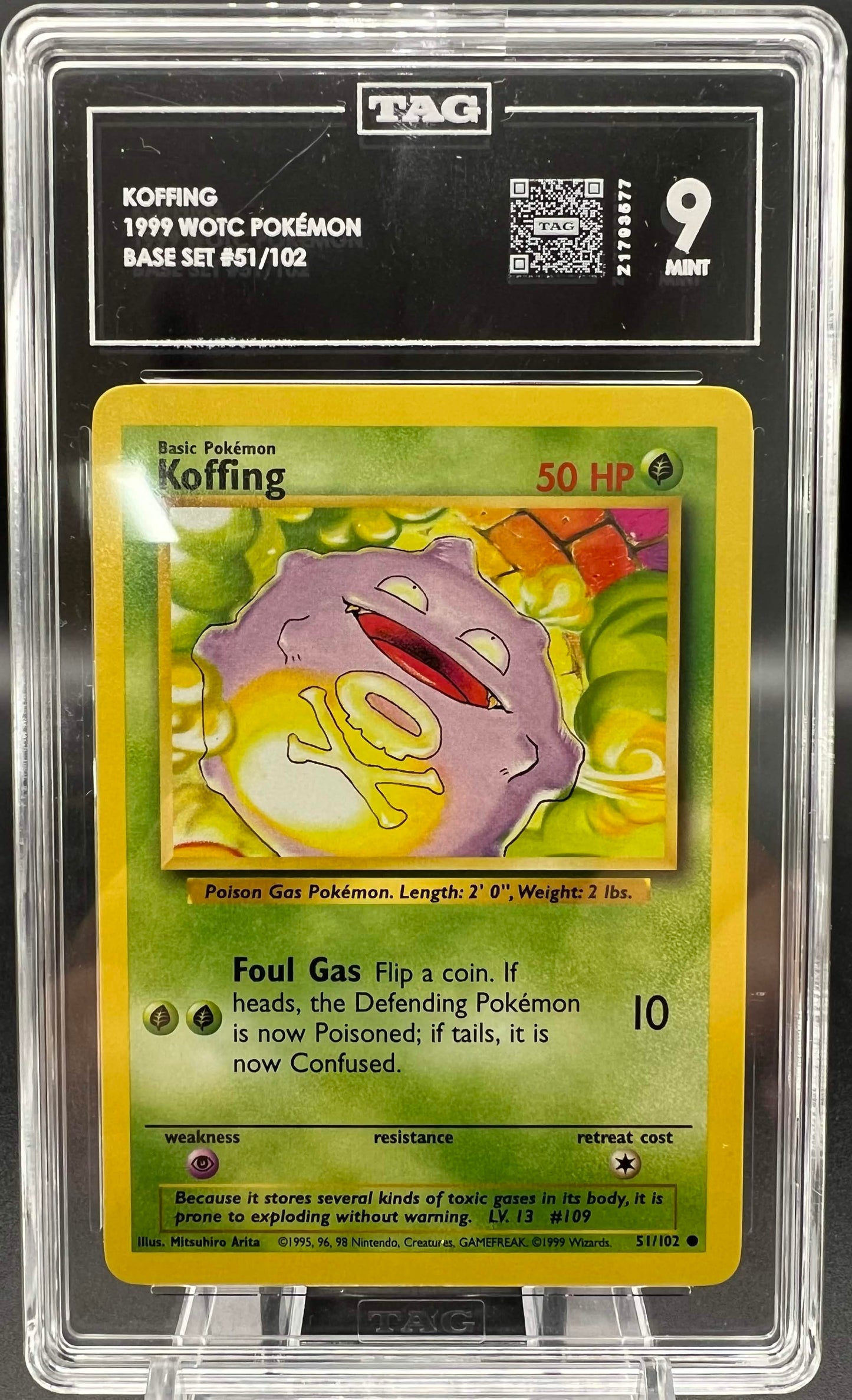 Pokemon 1999 Koffing - Base Set Unlimited - 51/102 - TAG 9
