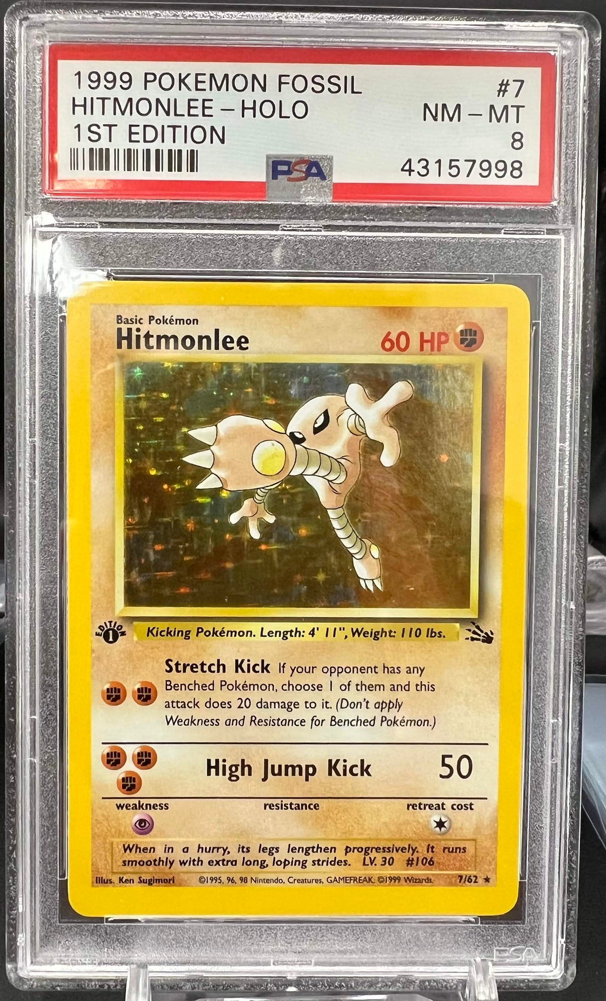 Pokemon 1999 Hitmonlee 7/62 Holo Base Set 1st Edition - PSA 8
