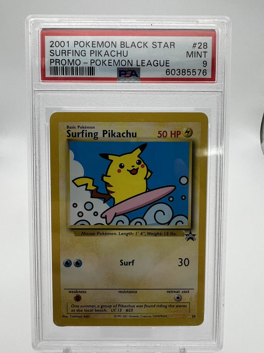 2001 Pokemon Black Star Surfing Pikachu Promo-Pokemon League PSA 9