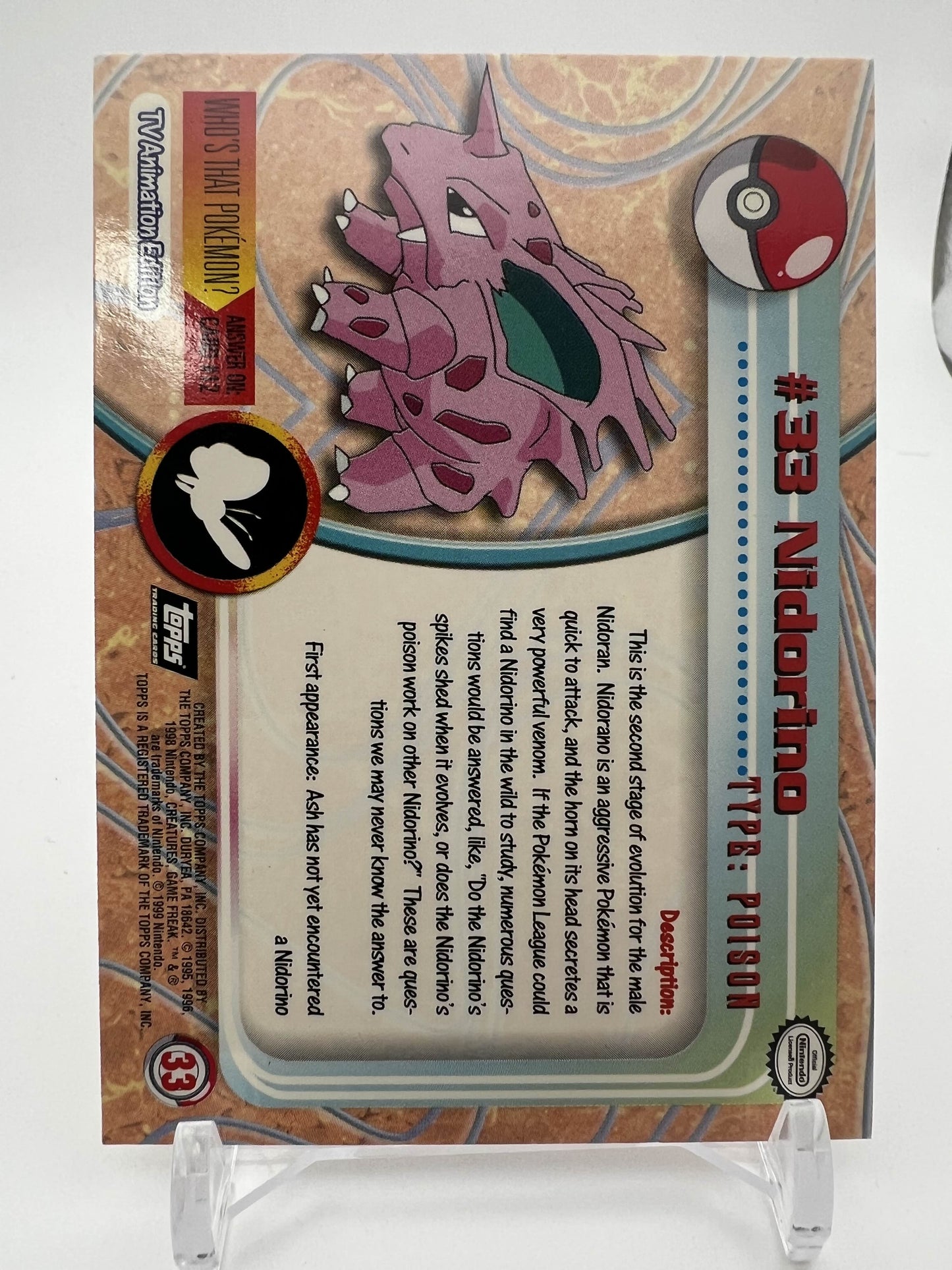 Nidorino #33 Pokemon 1999 Topps TV