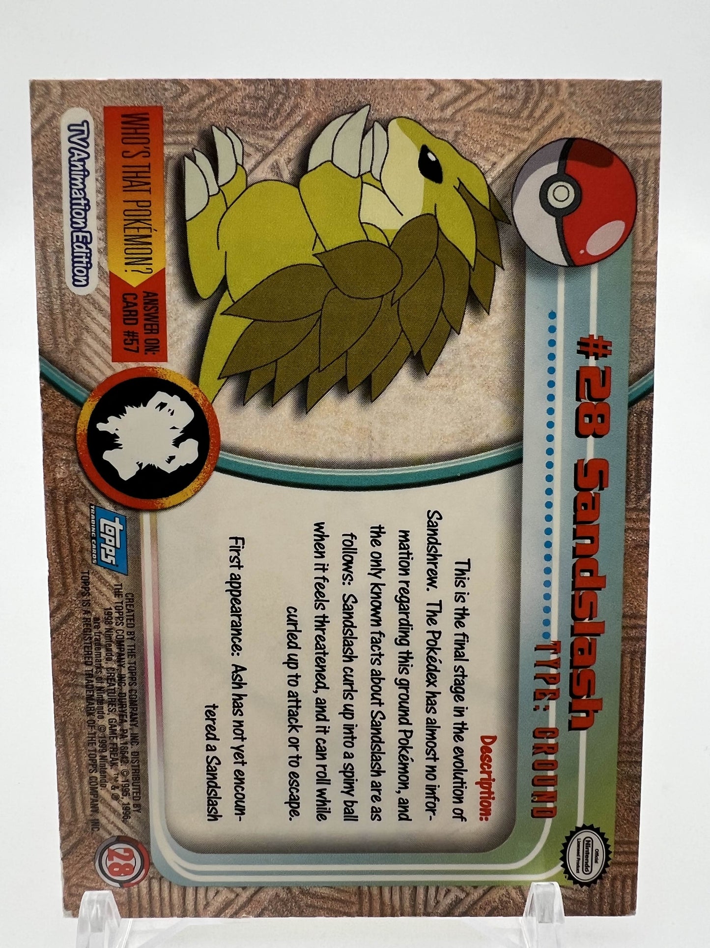 Sandslash #28 Pokemon 1999 Topps TV