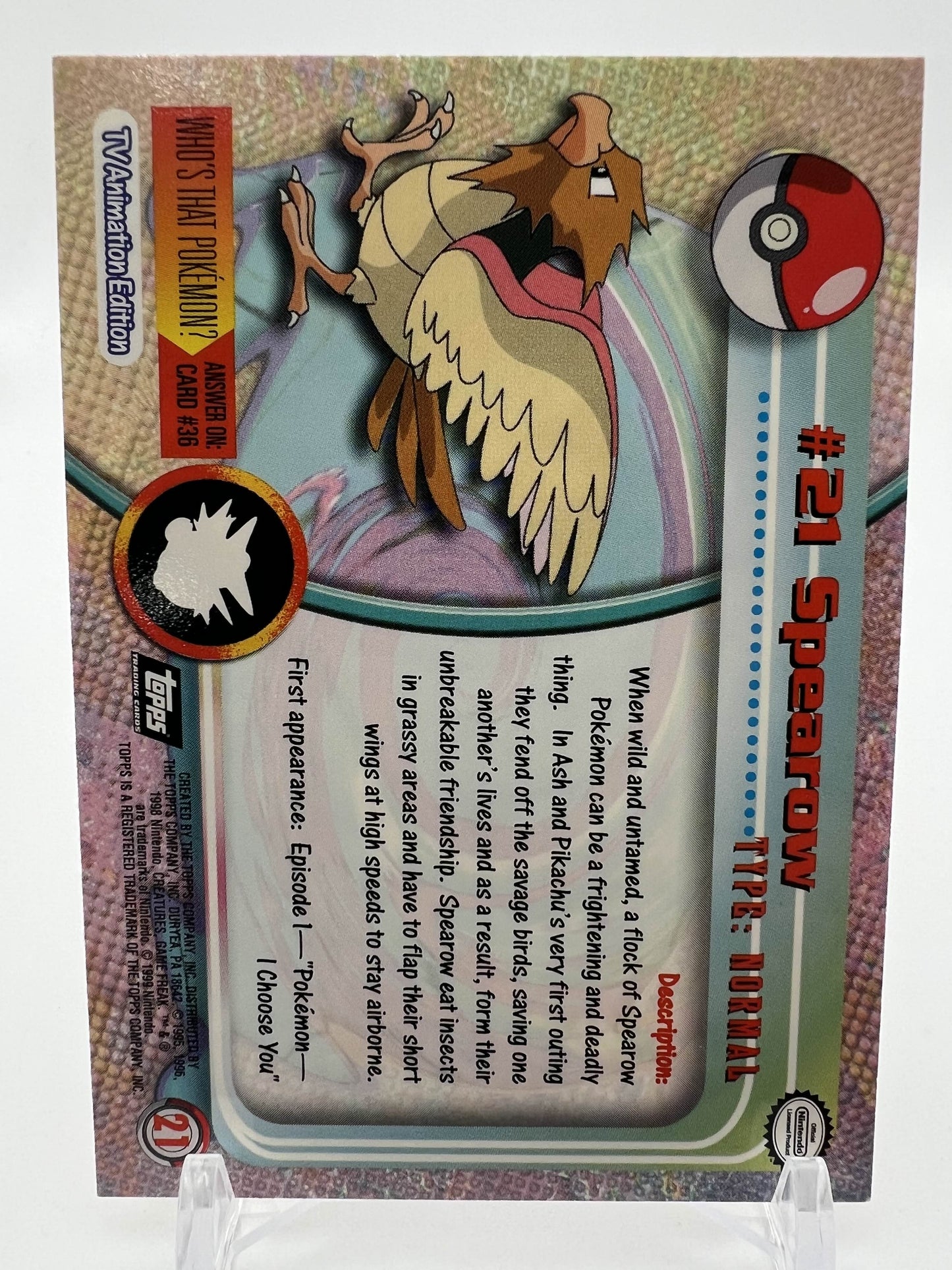 Spearow #21 Pokemon 1999 Topps TV
