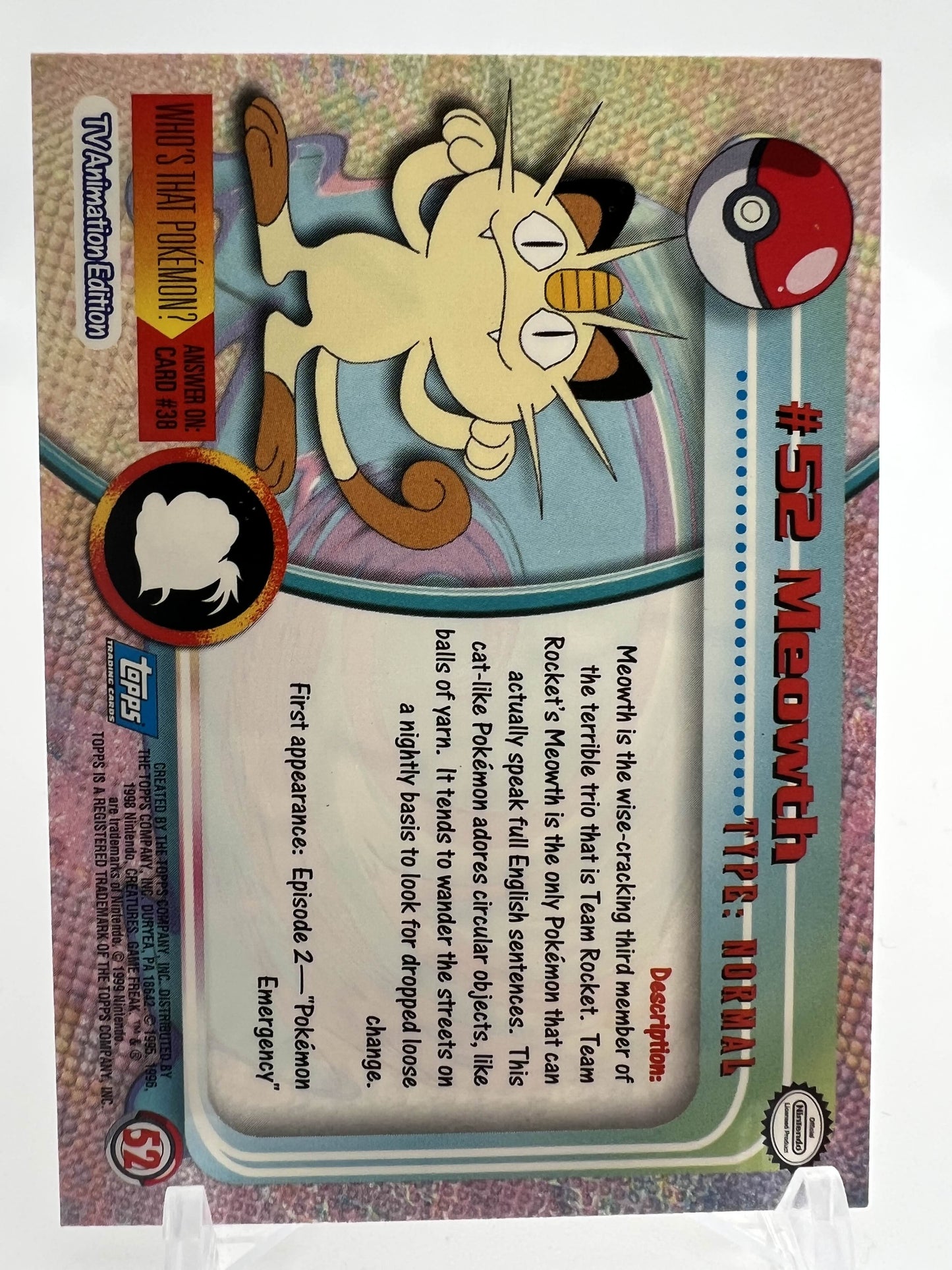 Meowth #52 Pokemon 1999 Topps TV