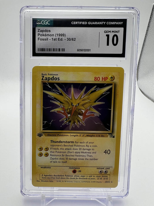 Pokemon 1999 Zapdos Fossil 1st Edition CGC 10
