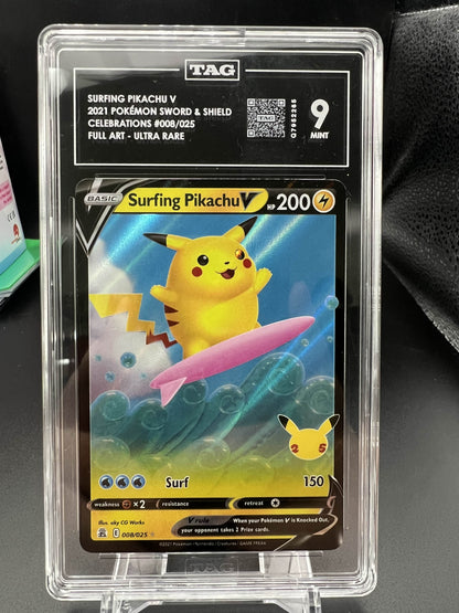 Pokemon 2021 Surfing Pikachu V - S&S Celebrations - Full Art Ultra Rare - TAG 9