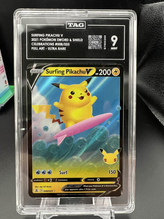 Pokemon 2021 Surfing Pikachu V - S&S Celebrations - Full Art Ultra Rare - TAG 9