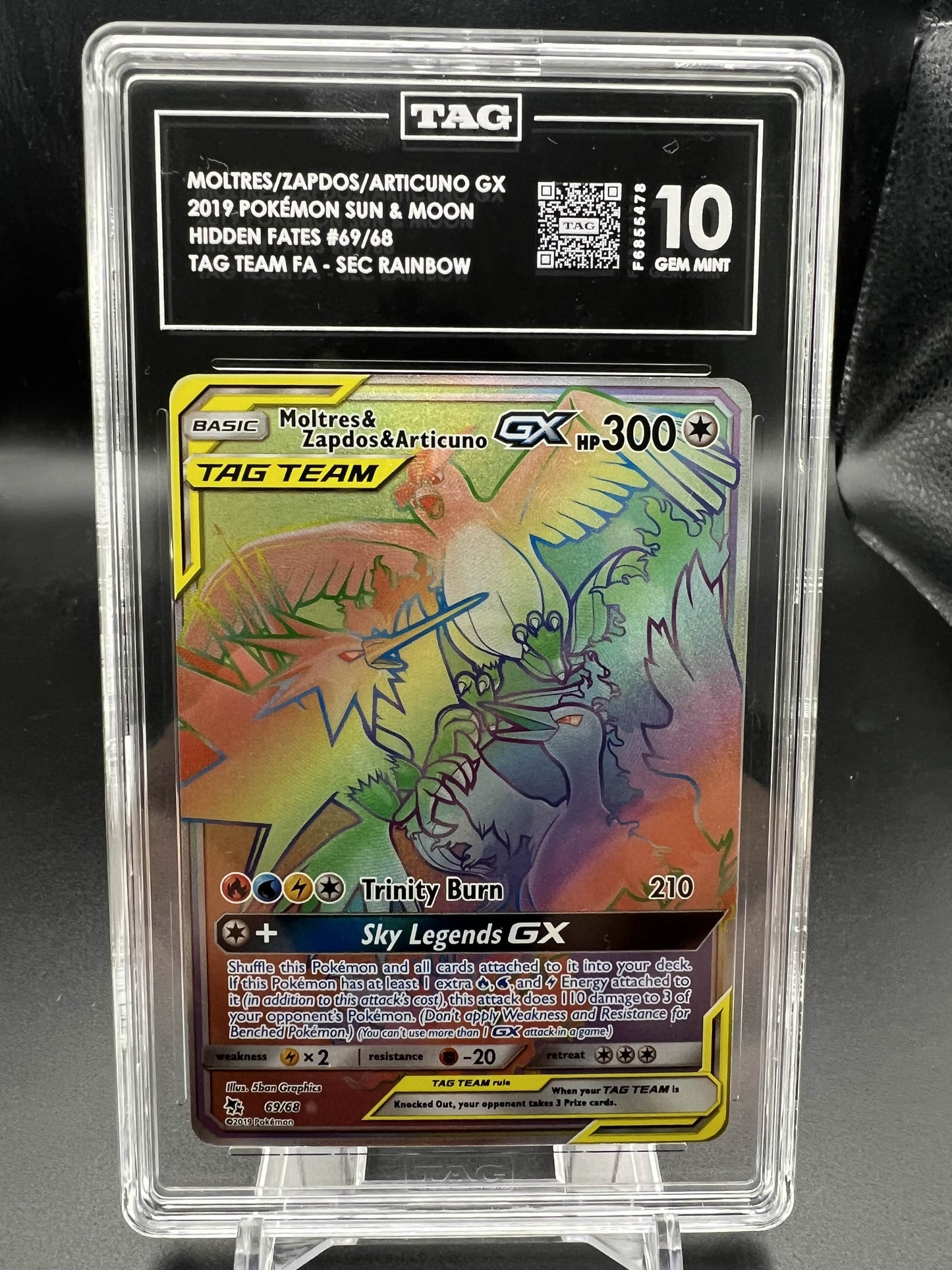 Pokemon 2019 Moltres/Zapdos/Articuno GX - Hidden Fates - Tag Team FA SEC Rainbow - TAG 10