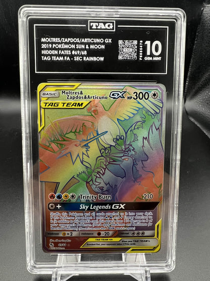 Pokemon 2019 Moltres/Zapdos/Articuno GX - Hidden Fates - Tag Team FA SEC Rainbow - TAG 10