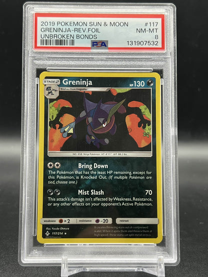 Pokemon 2019 Greninja - Unbroken Bonds - Reverse Foil - PSA 8
