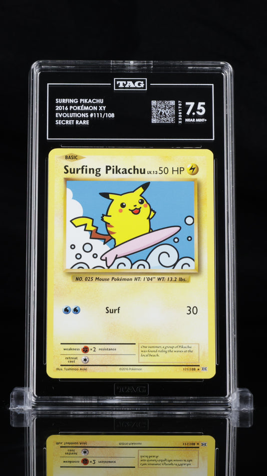 Pokemon 2016 Surfing Pikachu - Evolutions - Secret Rare - TAG 7.5